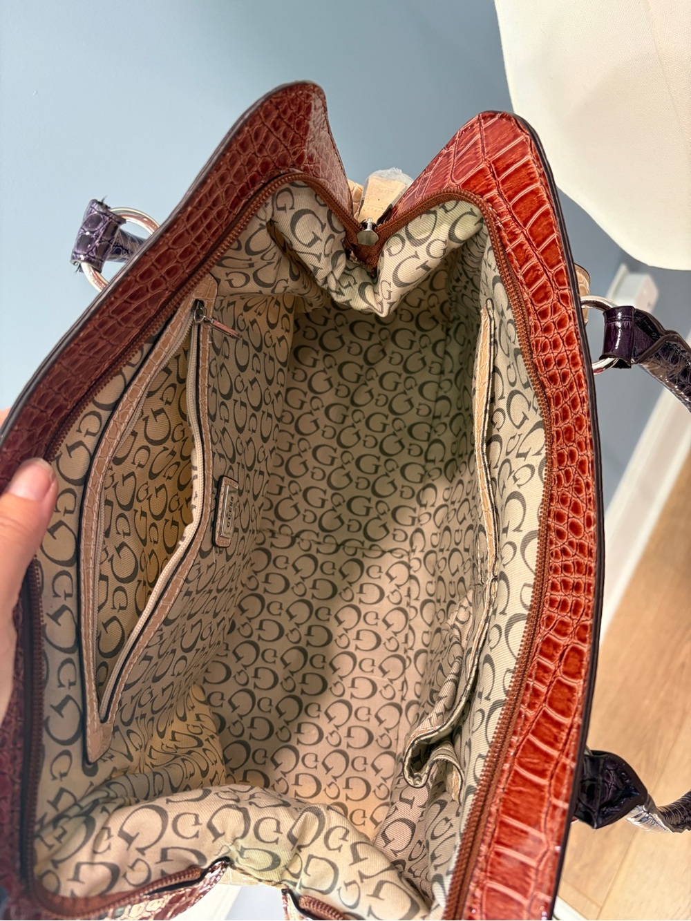 GUESS Croc Embossed Satchel Cream Brown Purple Patent Shoulder Handbag - Picture 11 of 12